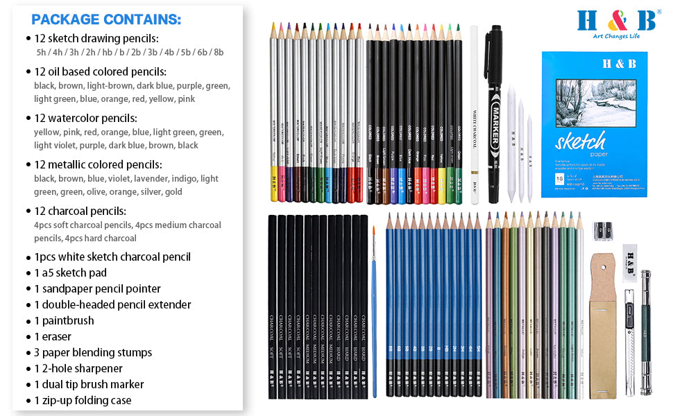 H&B 72PCS Drawing Supplies Sketching Pencil Sketchpad Set