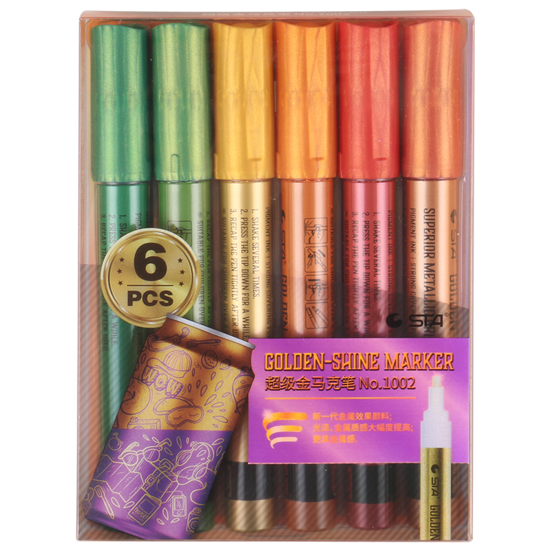 STA 6 Color Golden Shine Metallic Paint Markers 2mm Tip