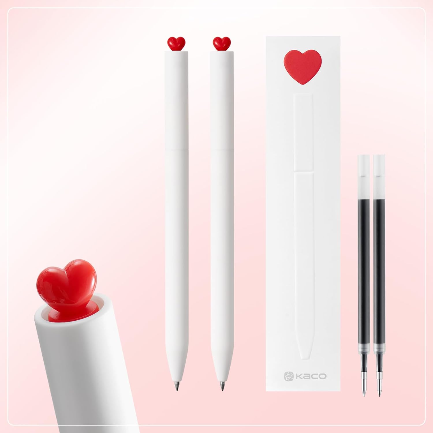 Kaco FIRST Gel Ink Pens,Cute Heart with Extra 4 Black Refills (2 White)