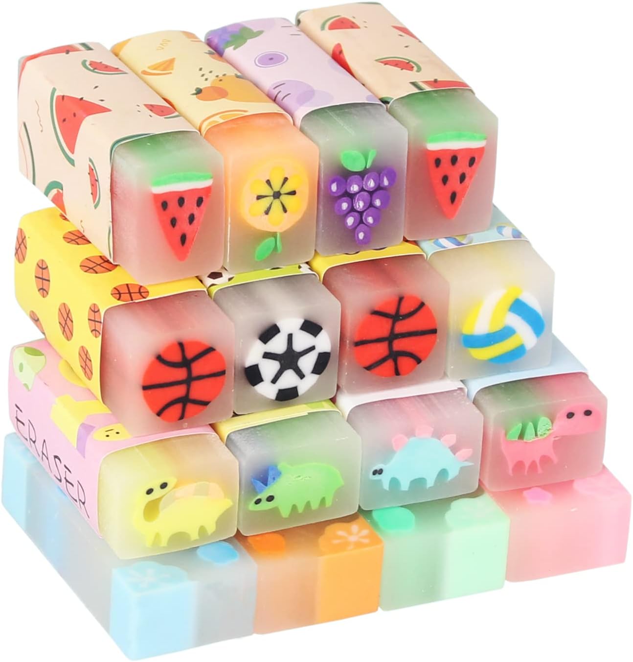 Fruit Ball Dinosaur Sakura Cute Pencil Erasers for Kids 16 Pack