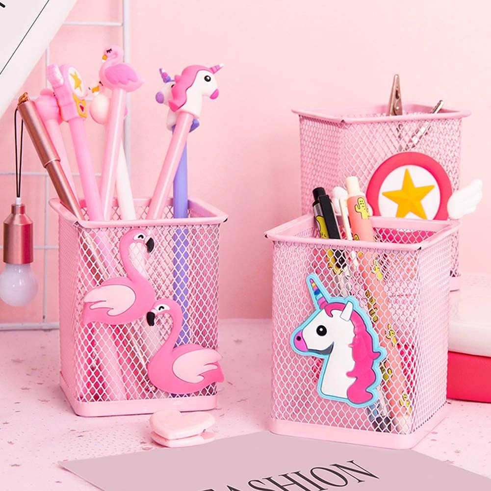 2 Pack Metal Cute Pen Pencil Holder Square Pink Flamingo