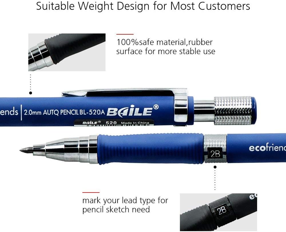 BAILE 2mm Mechanical Pencils with Black Lead Refill 10 Pack