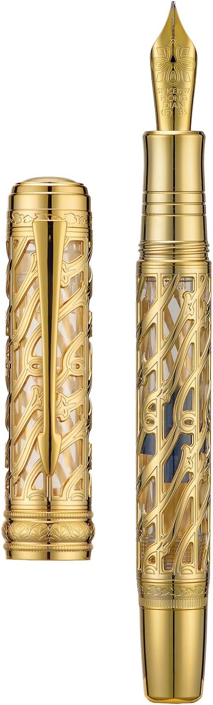 Hongdian A6 Piston Fountain Pen Fine Soft Nib,Hollow Skeleton & Resin Pen