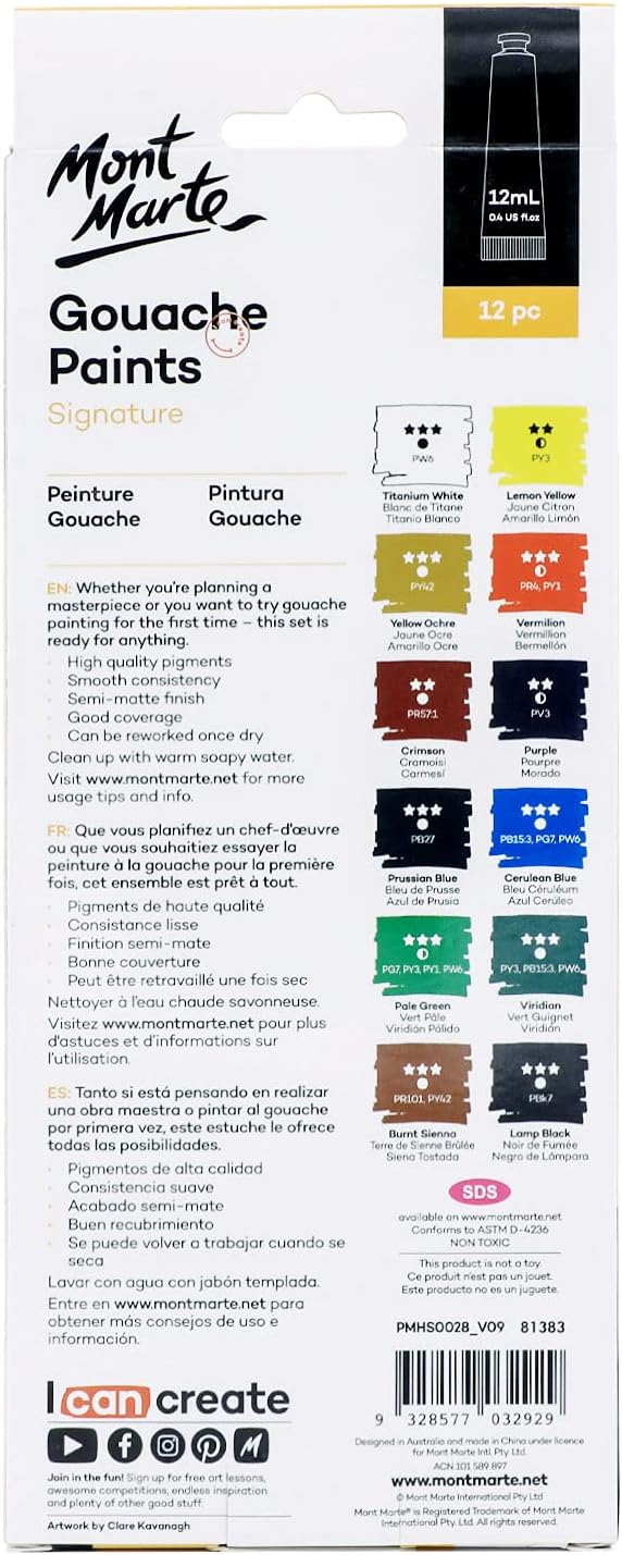 MONT MARTE Signature Gouache Paint,12 Colors 12ml Tube