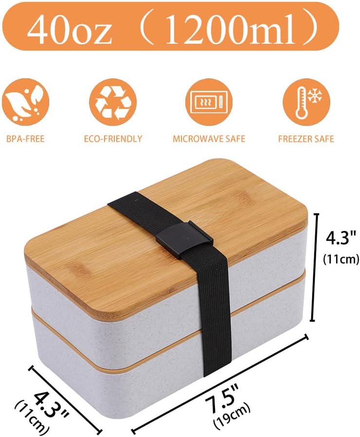 Japanese Bamboo Bento Lunch Box with Compartments and Utensils