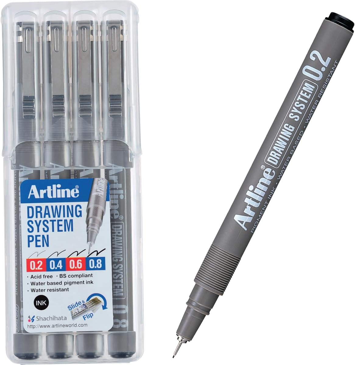 Artline Drawing System Pens, 0.2, 0.4, 0.6, 0.8 mm ,4 Pack