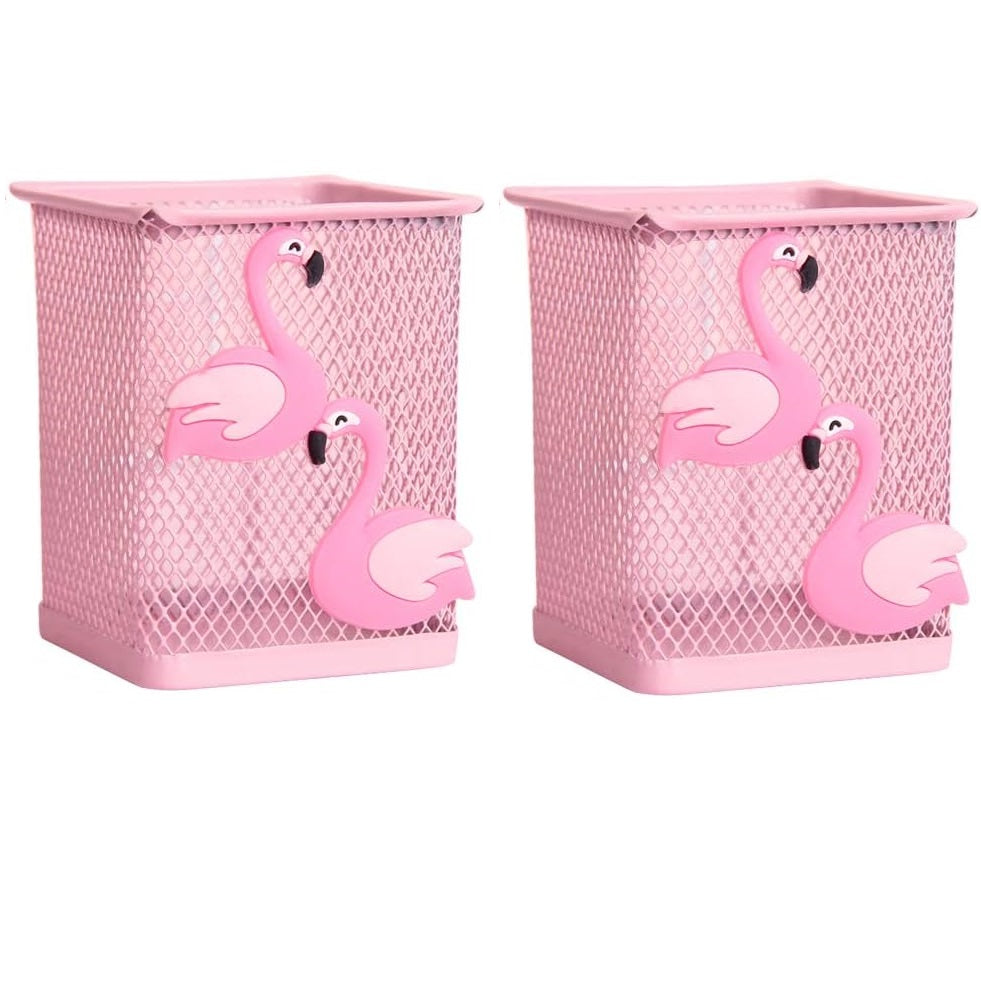 2 Pack Metal Cute Pen Pencil Holder Square Pink Flamingo