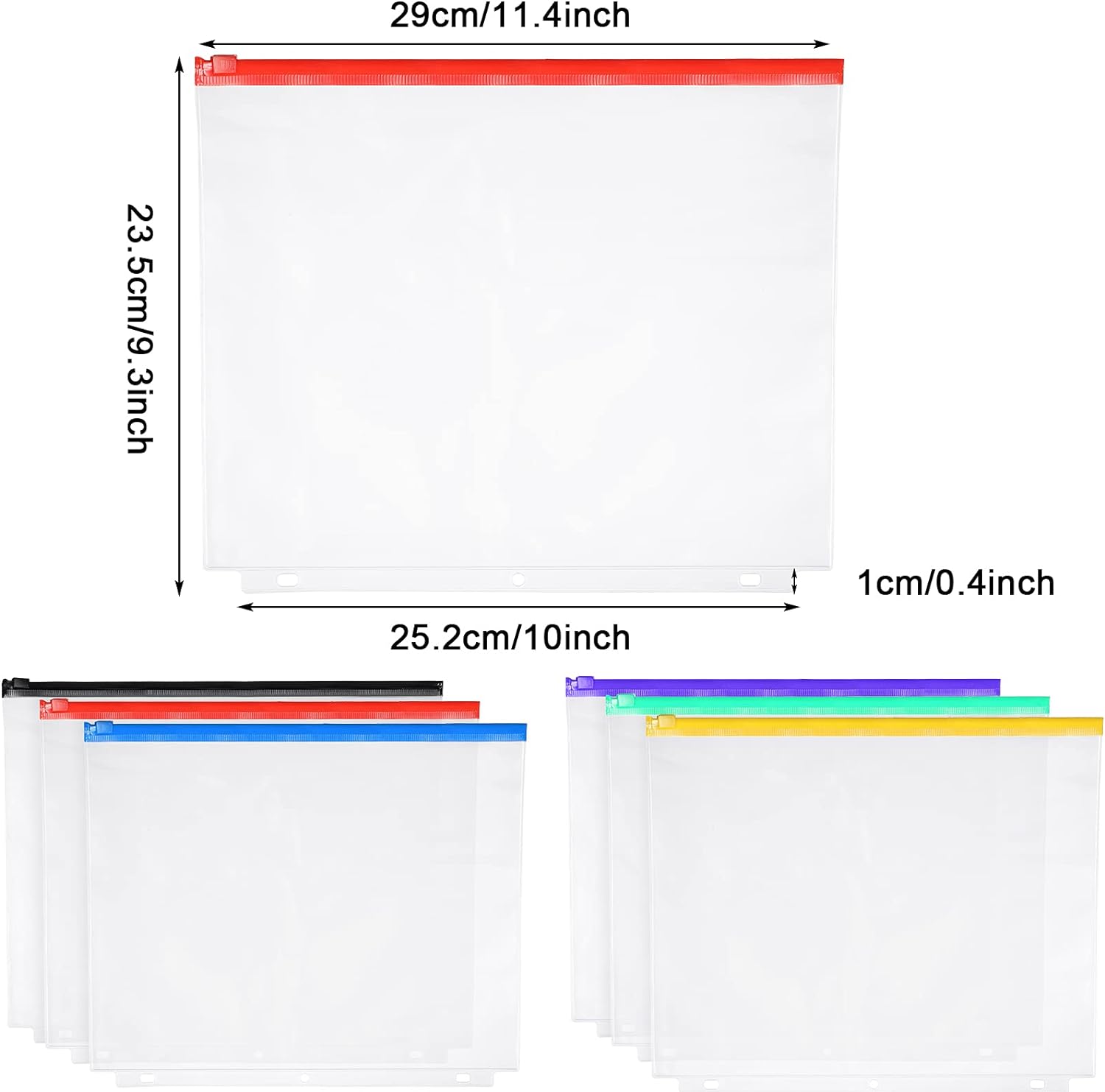 30 Pack A4 Binder Pockets 3 Holes Binder Pouches with Zipper (5 Color)