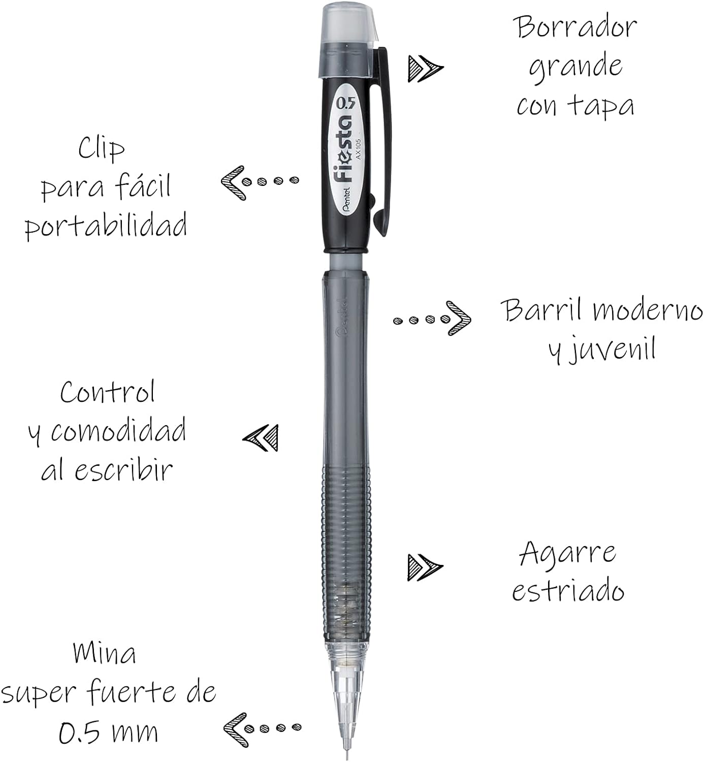 Pentel AX105 Fiesta Automatic Mechanical Pencil,0.5mm HB,5Pack