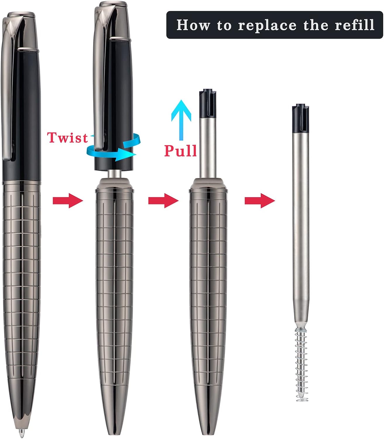 2pcs Twistable Metal Ballpoint Pens with 6 Extral Refills Set