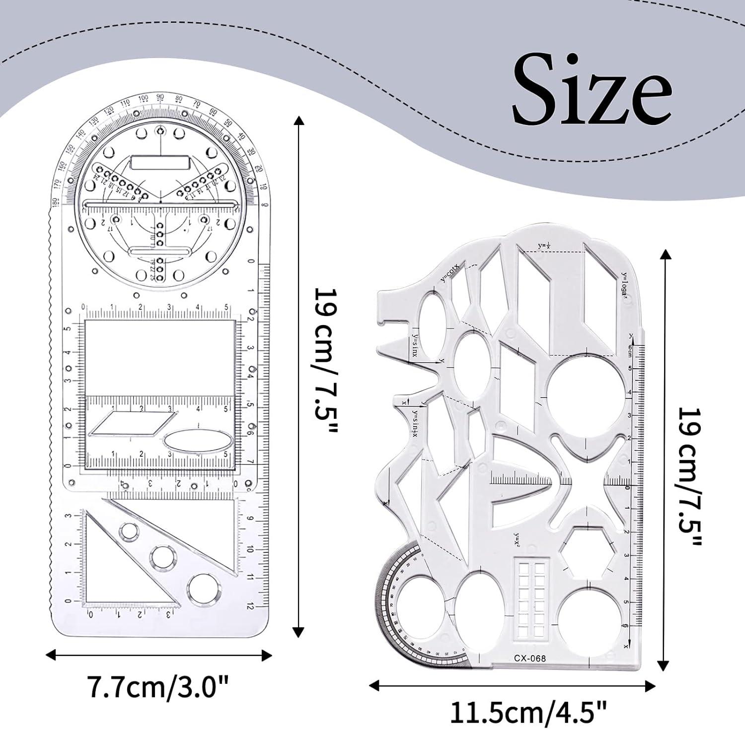 2PCS Multifunctional Geometric Ruler,Drawing Template Measuring Tool