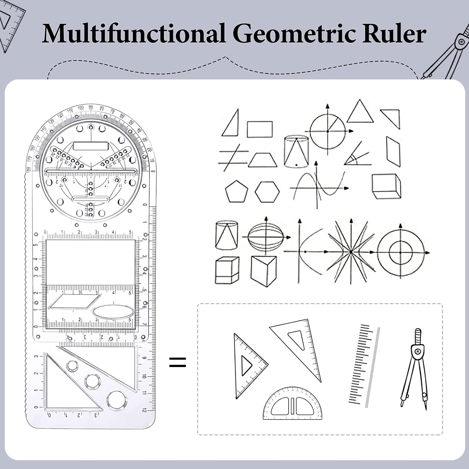 2PCS Multifunctional Geometric Ruler,Drawing Template Measuring Tool