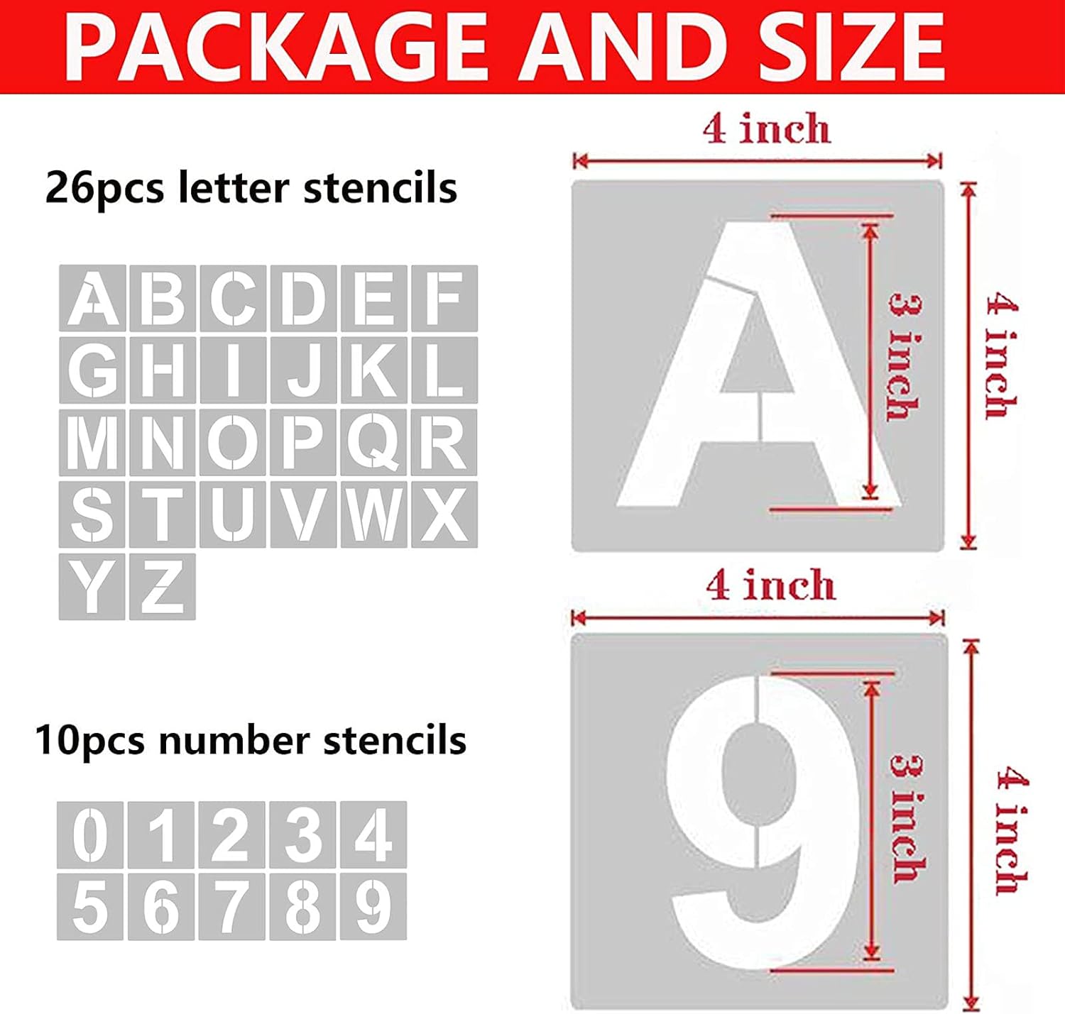 4 Inch 36PCS Reusable Plastic Letter Stencils and Numbers