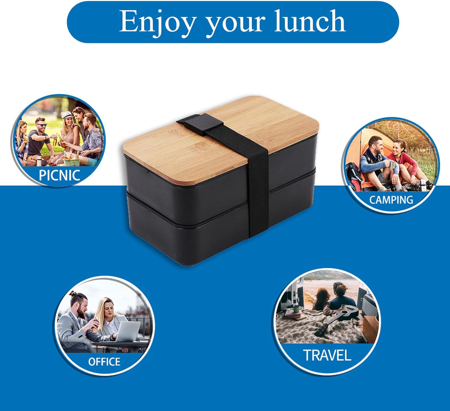 Japanese Bamboo Bento Lunch Box with Compartments and Utensils