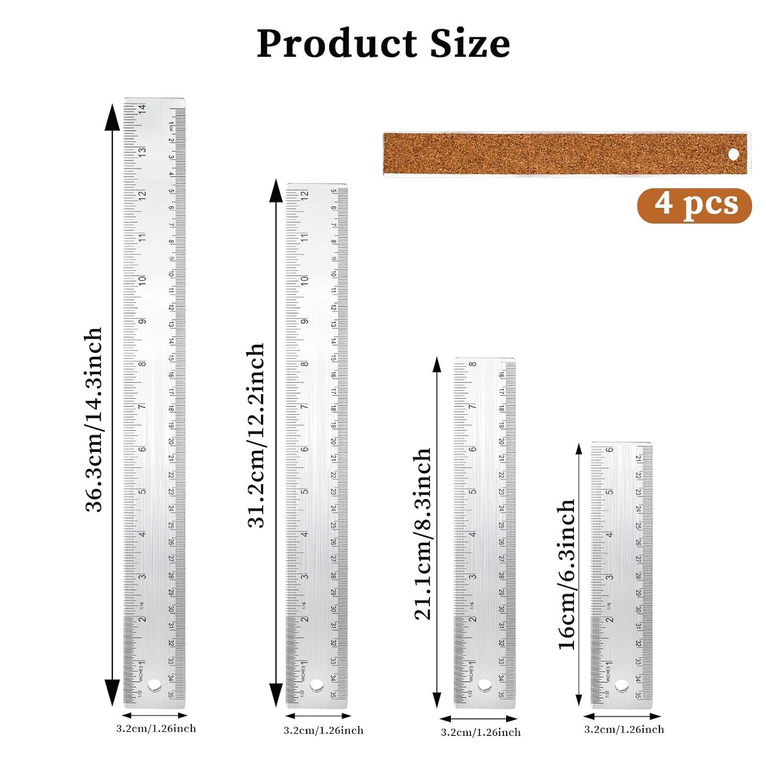 4pcs Metal Ruler with Cork Backing Non-Slip 6/8/12/14 Inch