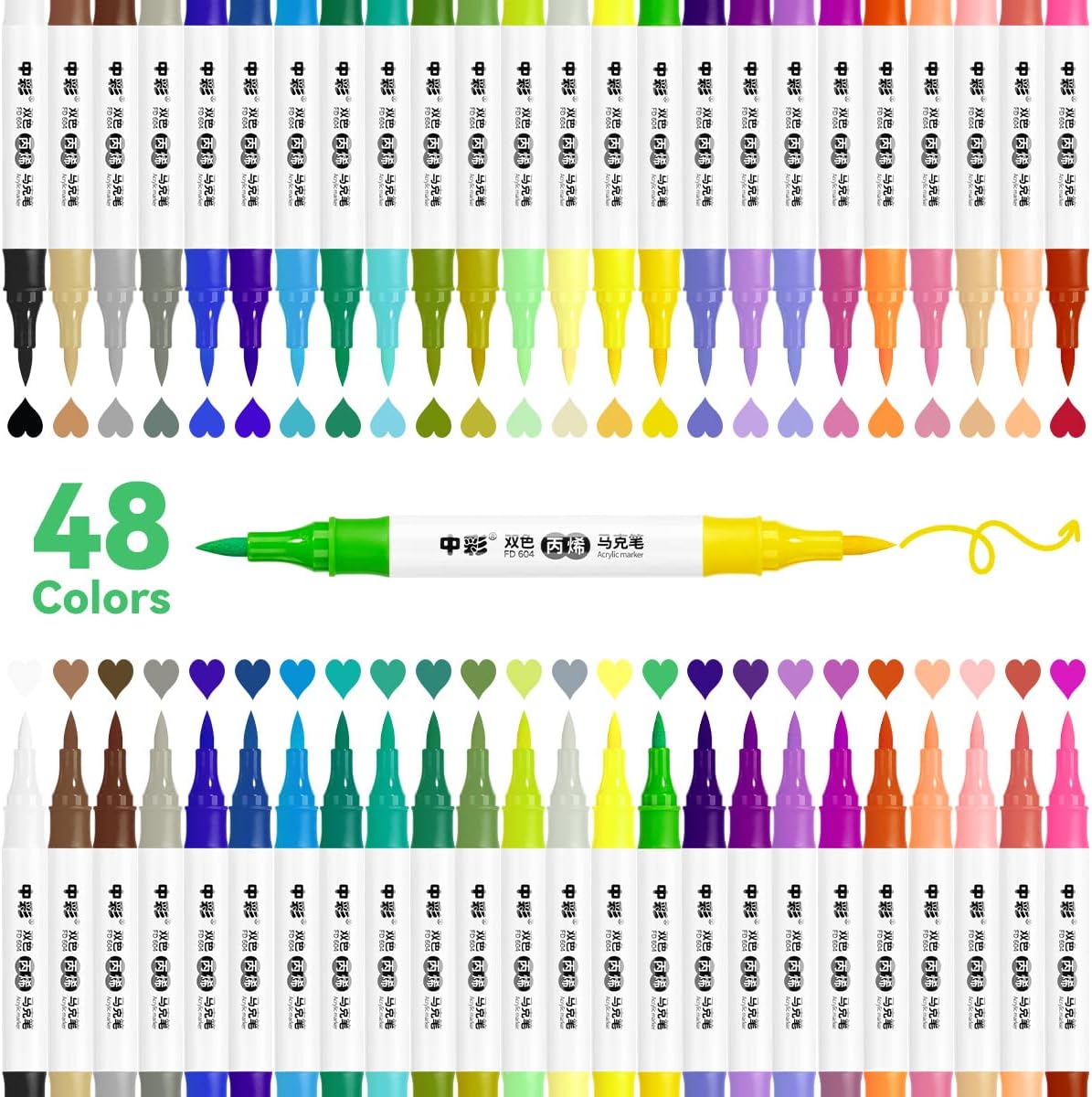 48 Colors Acrylic Paint Markers,24PCS Dual Colors Brush Paint Pens