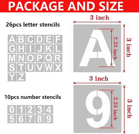 3 Inch 36PCS Reusable Plastic Letter Stencils and Numbers