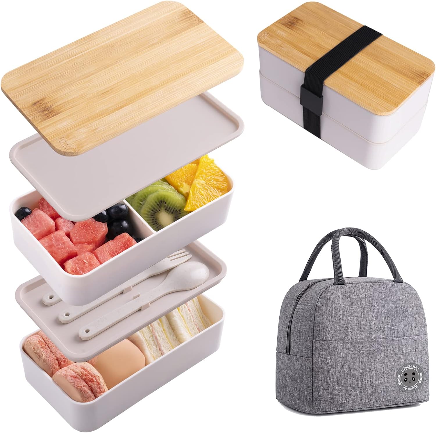 Japanese Bamboo Bento Lunch Box with Compartments and Utensils