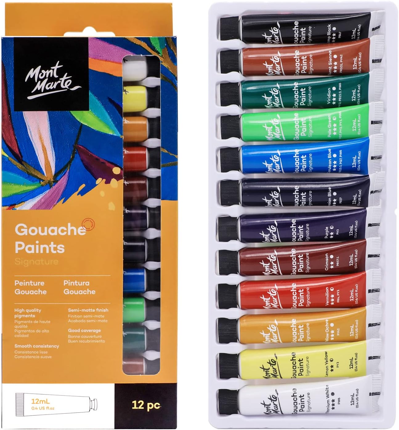 MONT MARTE Signature Gouache Paint,12 Colors 12ml Tube