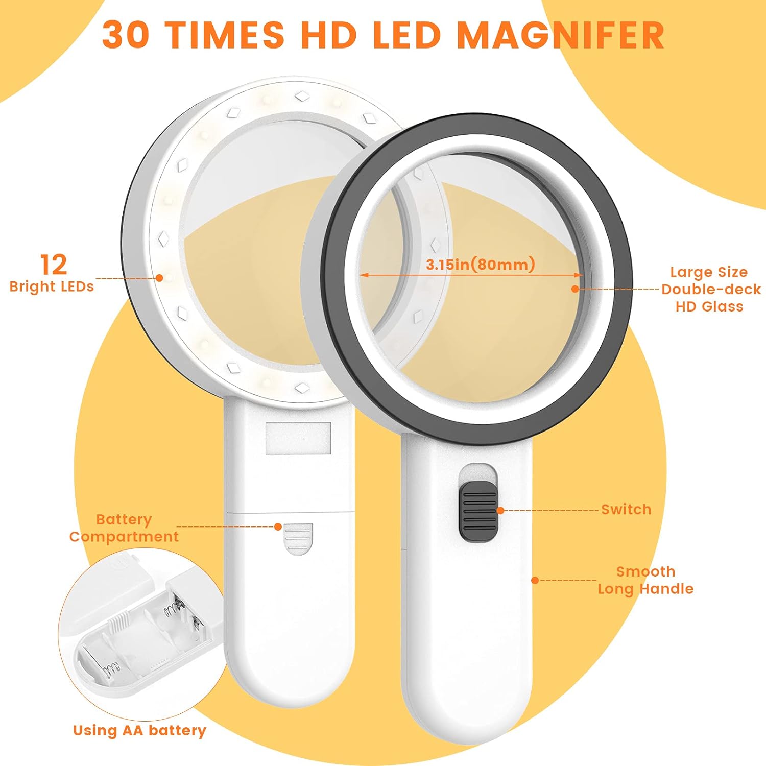 30X Handheld Large Magnifying Glass 12 LED Lighted Magnifier