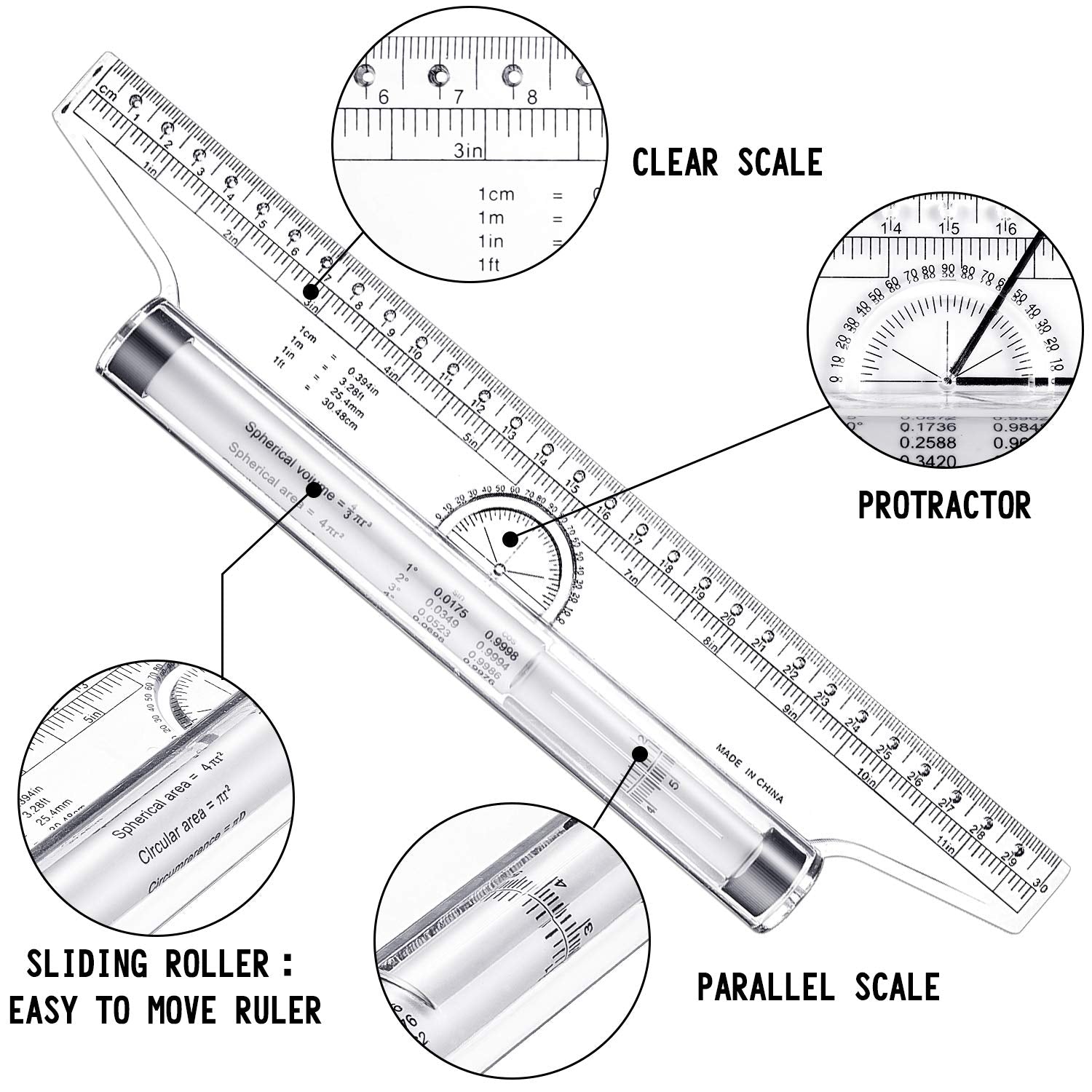 Multifunctional Rolling Ruler Drawing Parallel Roller Ruler 6/12 Inch