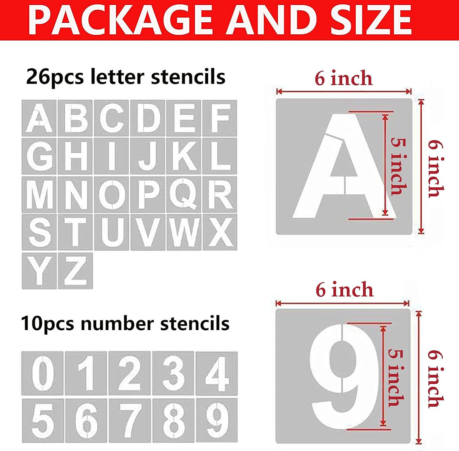 6 Inch 36PCS Reusable Plastic Letter Stencils and Numbers