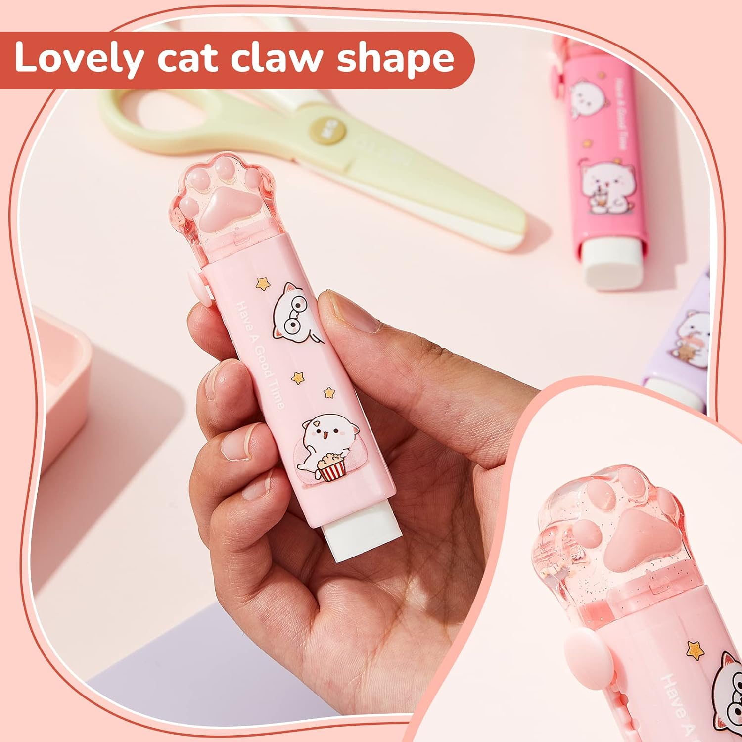 8PCS Cat Paw Shaped Cute Pencil Erasers Push Pull Design