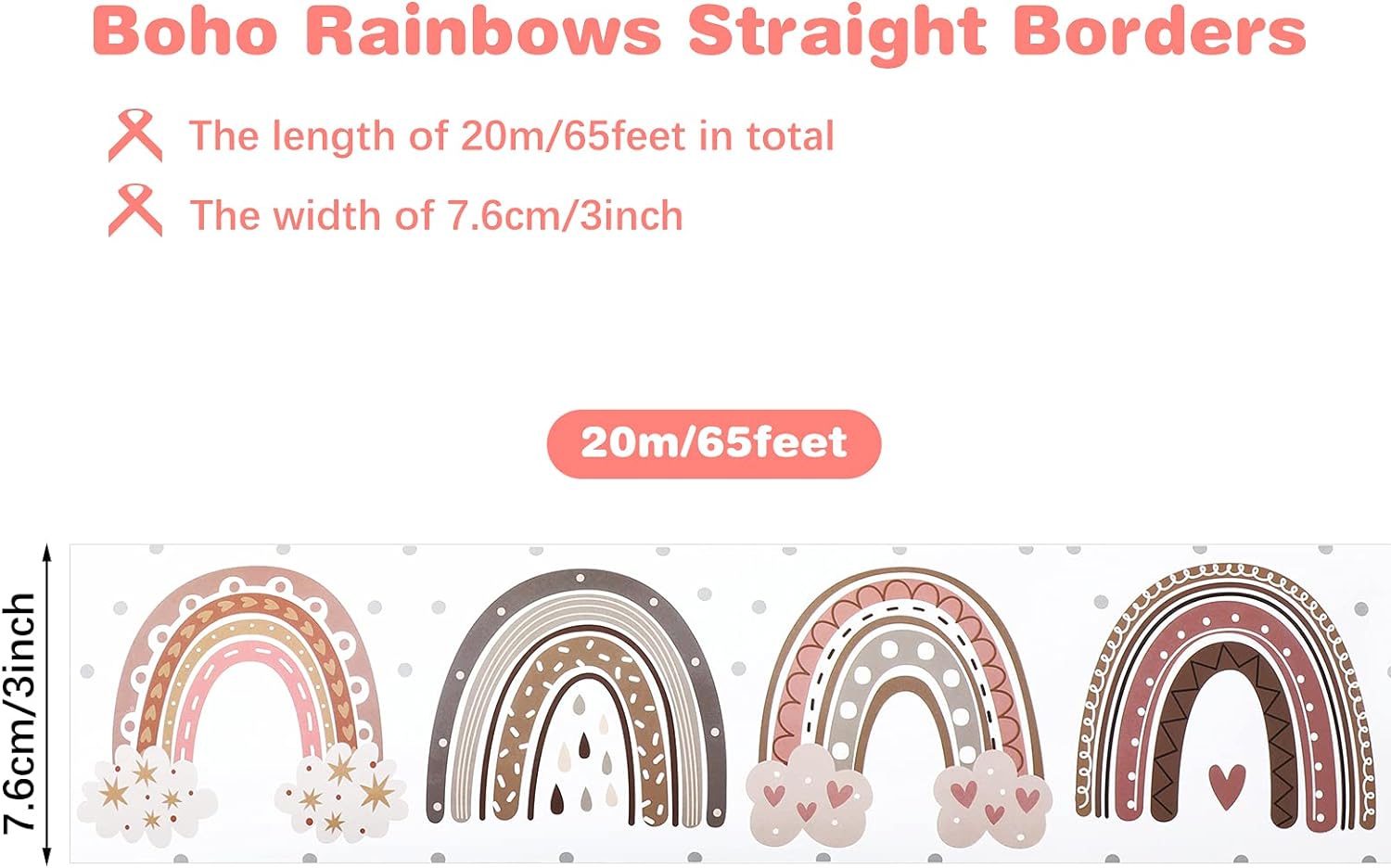 Boho Bulletin Board Rainbow Straight Borders with Polka Dots 65 Feet