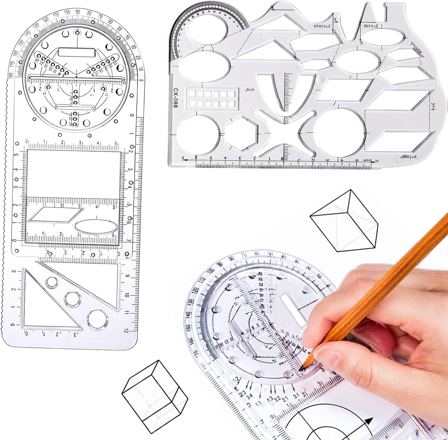 2PCS Multifunctional Geometric Ruler,Drawing Template Measuring Tool