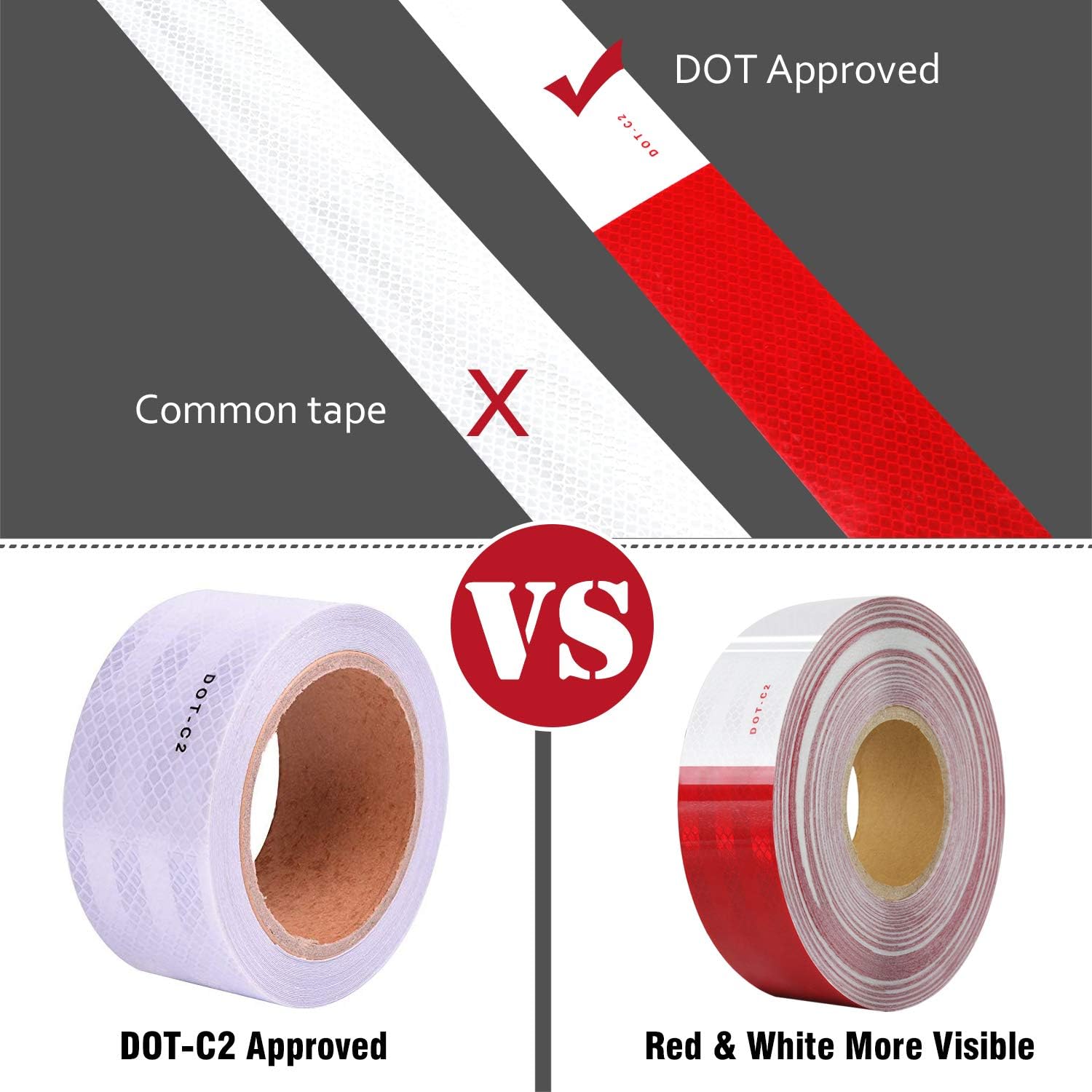 DOT-C2 Reflective Safety Warning Tape 2 Inch x 100 Feet Red/White