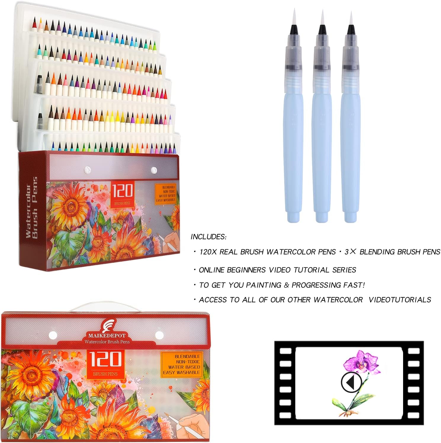 MAIKEDEPOT 120 Colors Watercolor Brush Pens with 3 Blending Brush