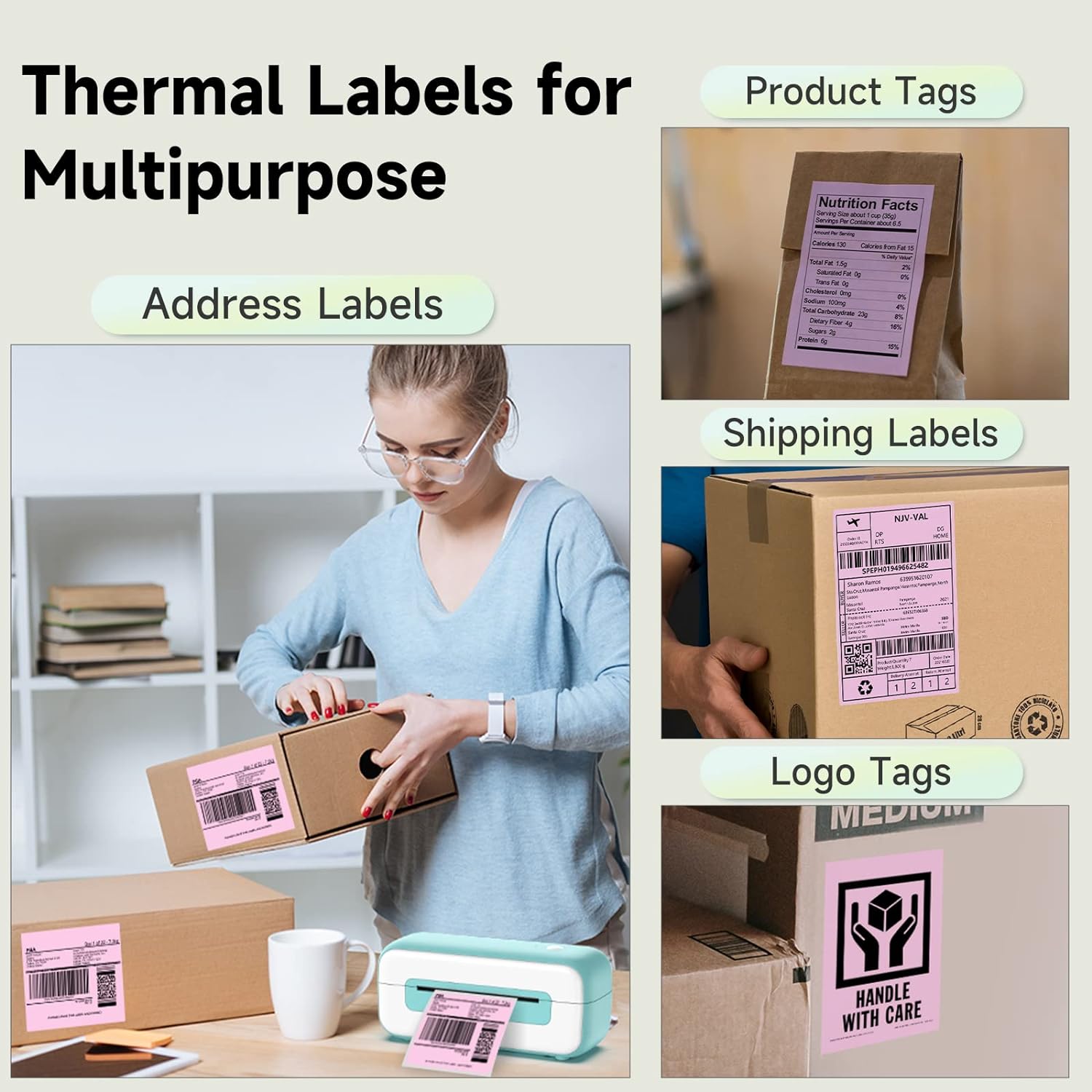 Phomemo 4"x6" Thermal Direct Shipping Label,Fan-Fold 500 Labels Pink