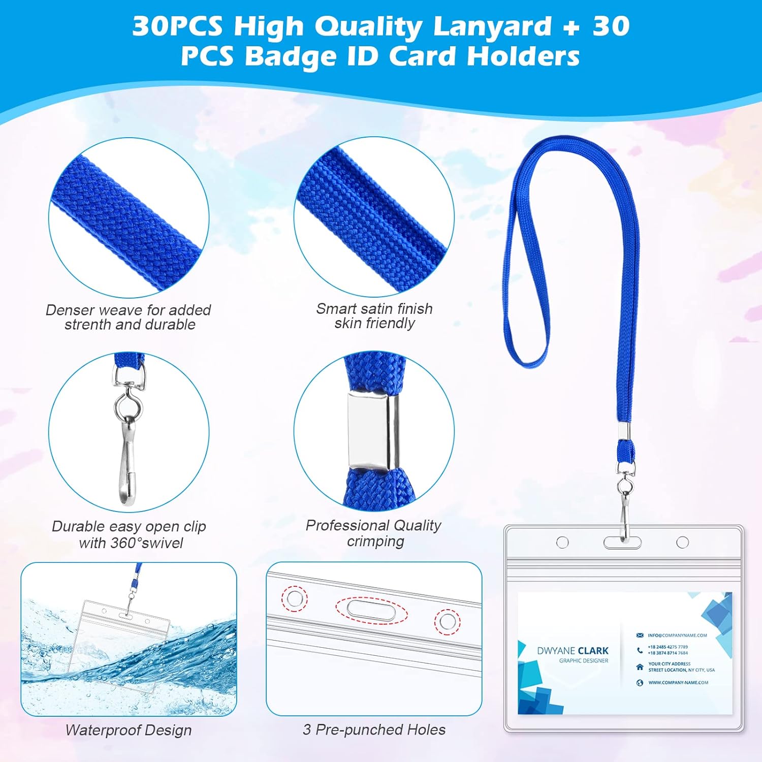 50Pcs Plastic Horizontal Badge Holders and 50Pcs Blue Neck Lanyards