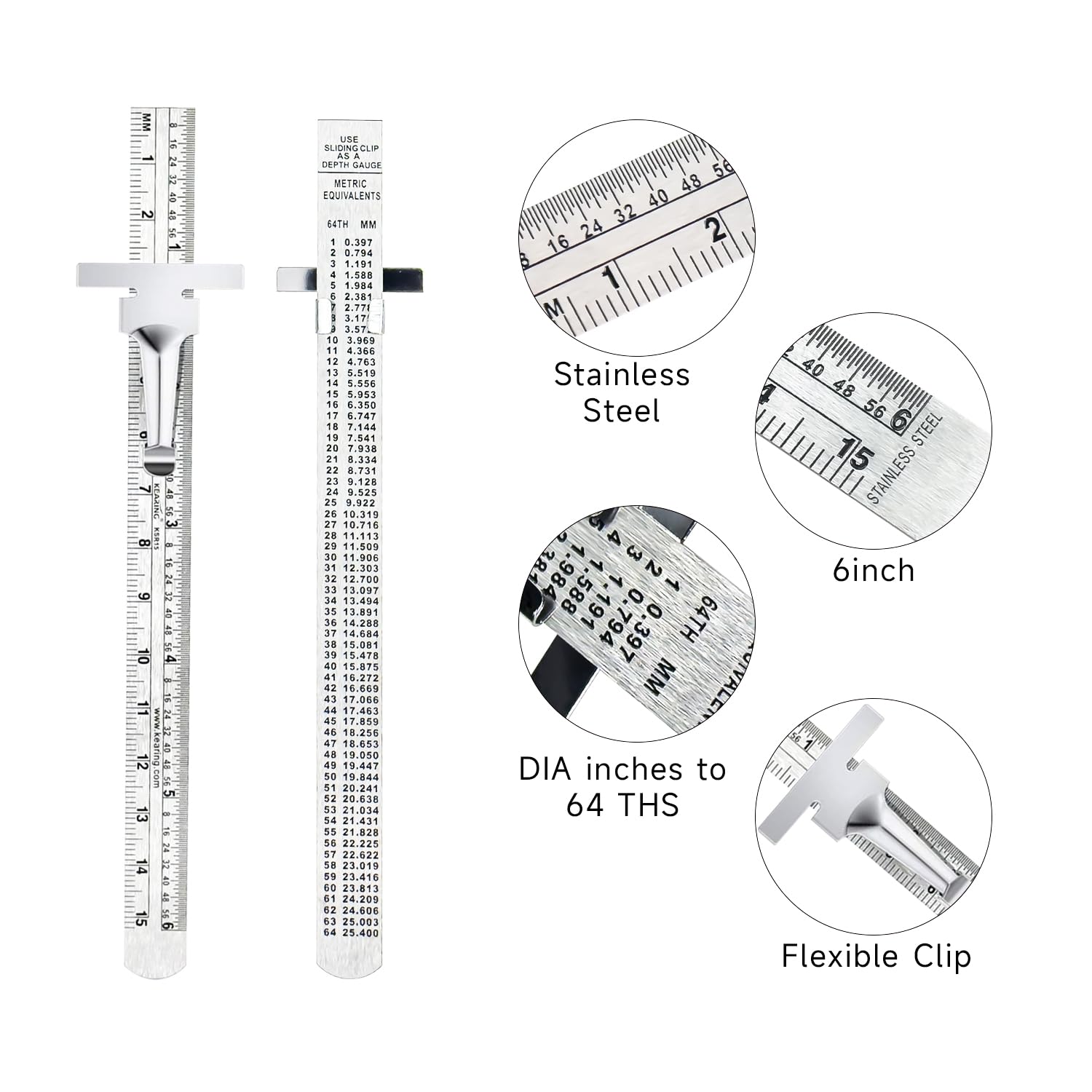 6 Inch Pocket Ruler Stainless Steel with Detachable Clips 2 Pack