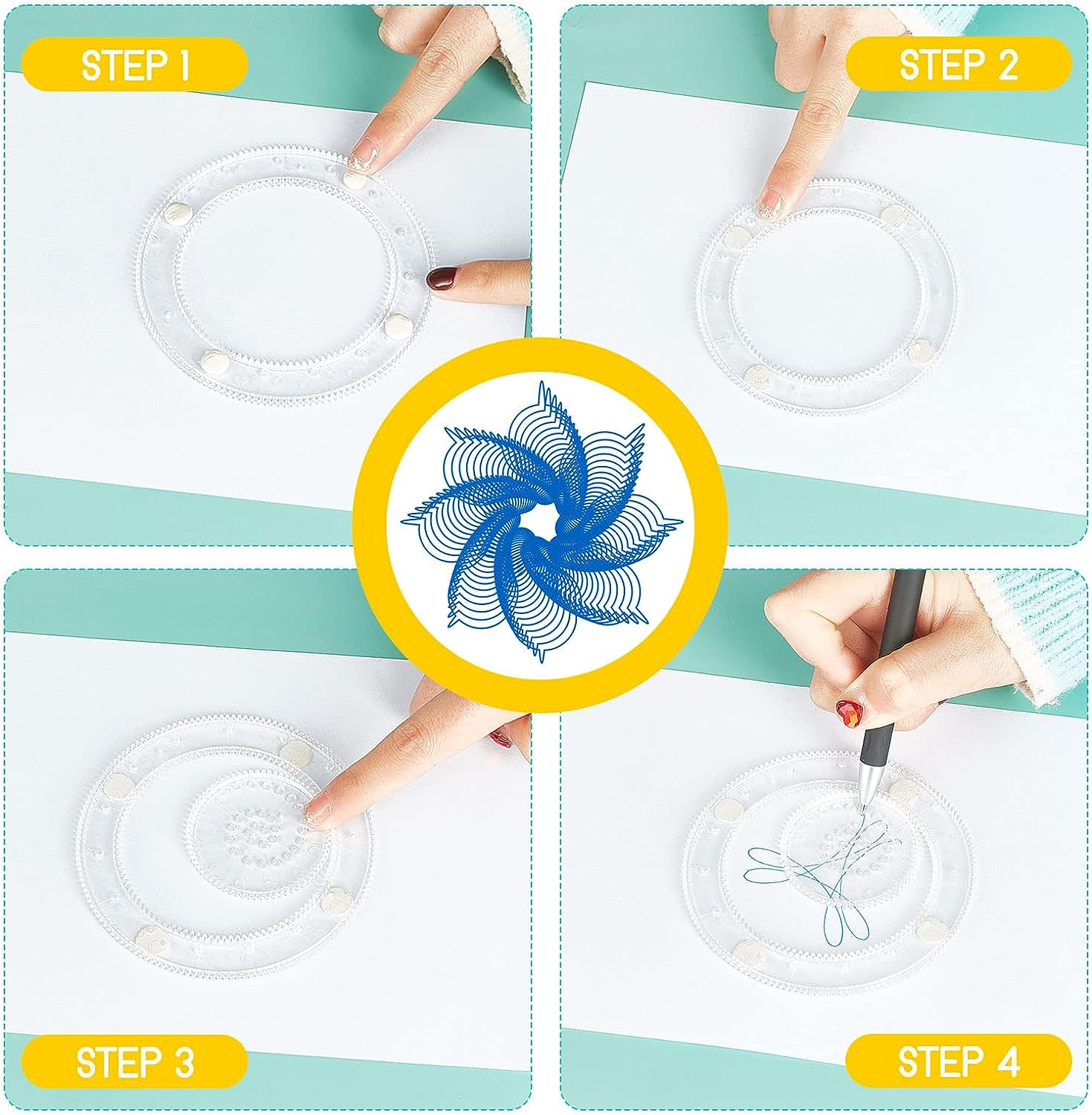 Spiral Art Gear Drawing Circle Template with Pen Paper Ruler