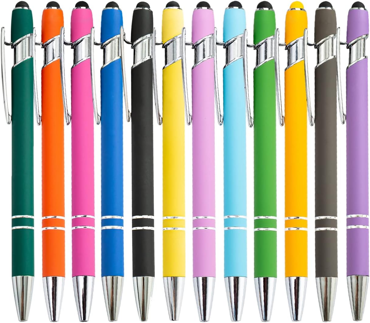 12 Pack Rainbow Rubberized Soft Touch Ballpoint Pen with Stylus Tip