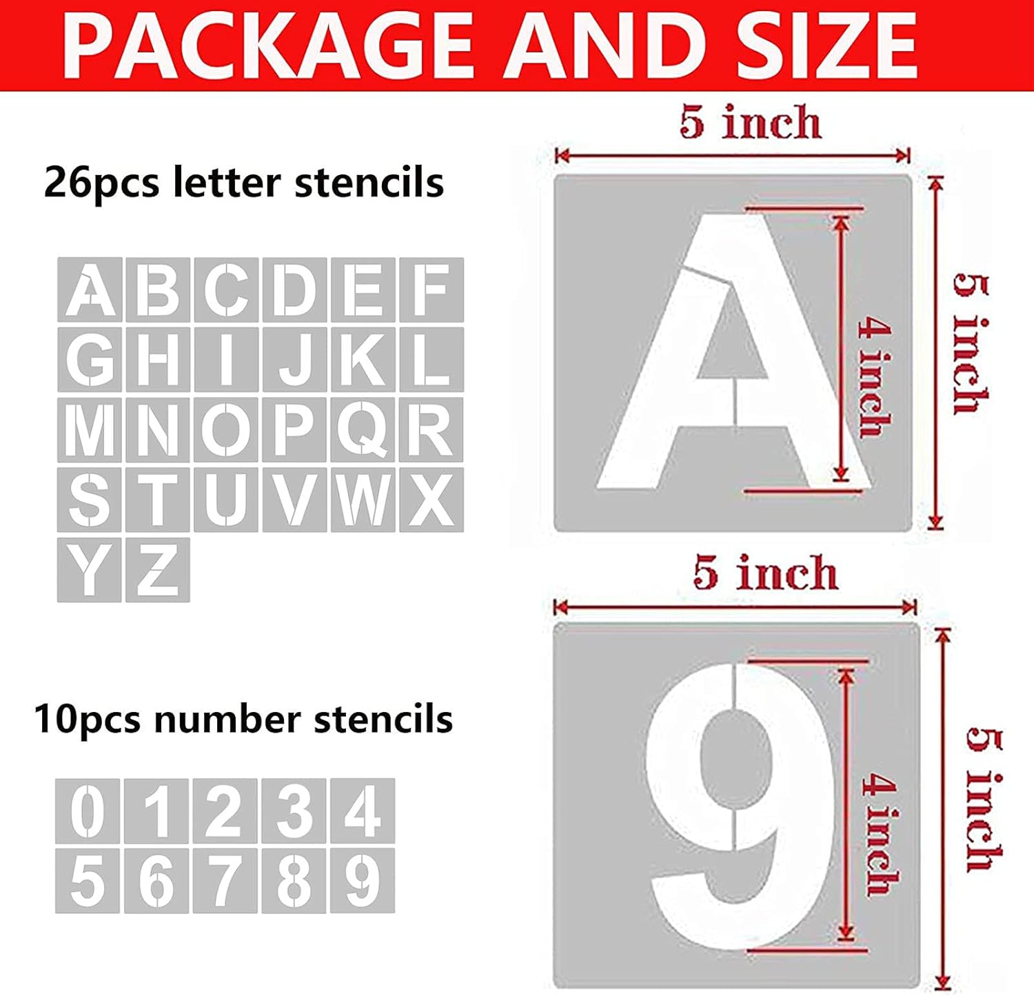 5 Inch 36PCS Reusable Plastic Letter Stencils and Numbers