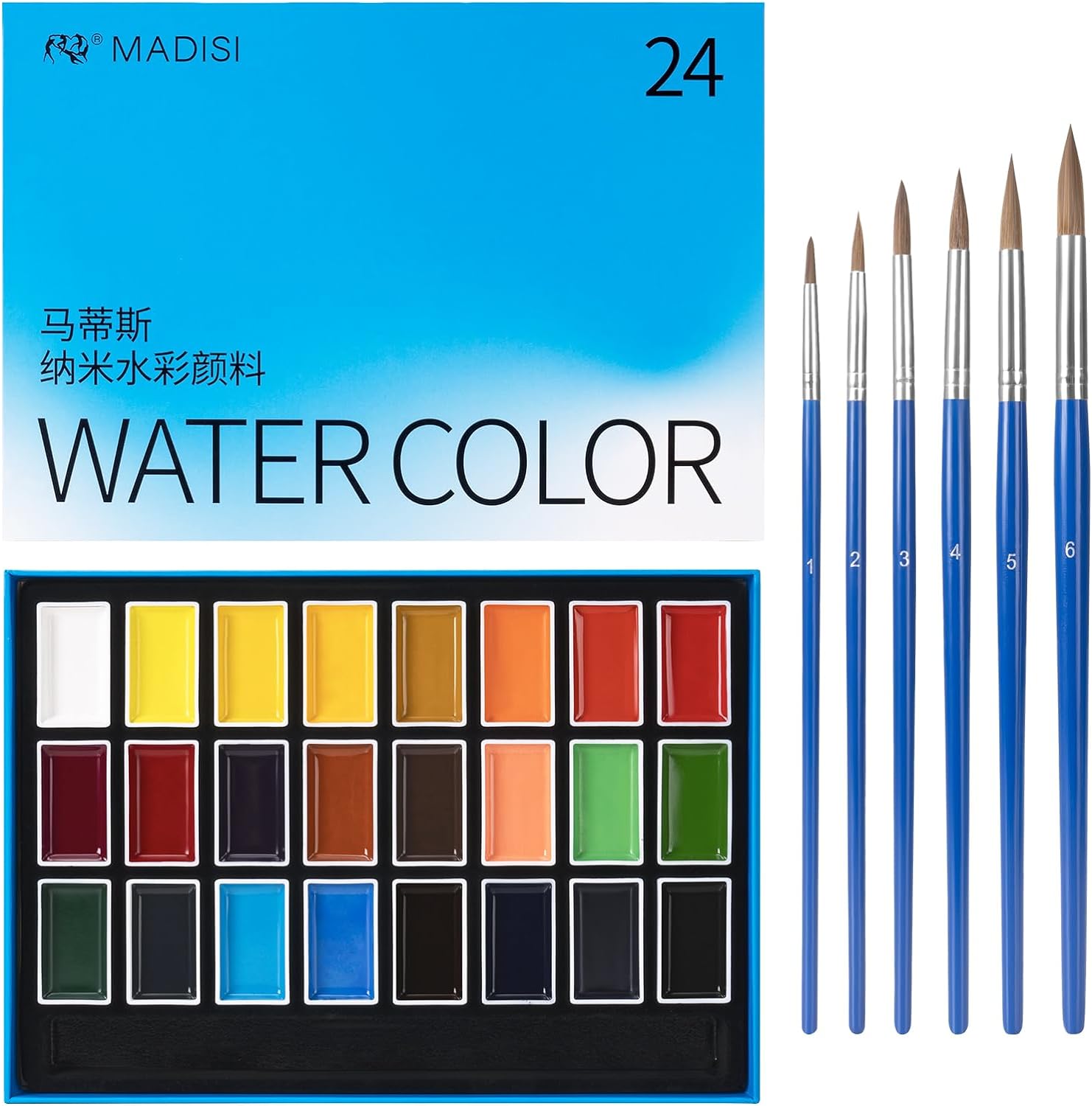 MADISI 24 Solid Watercolor Paint Set with 6 Brush Pens