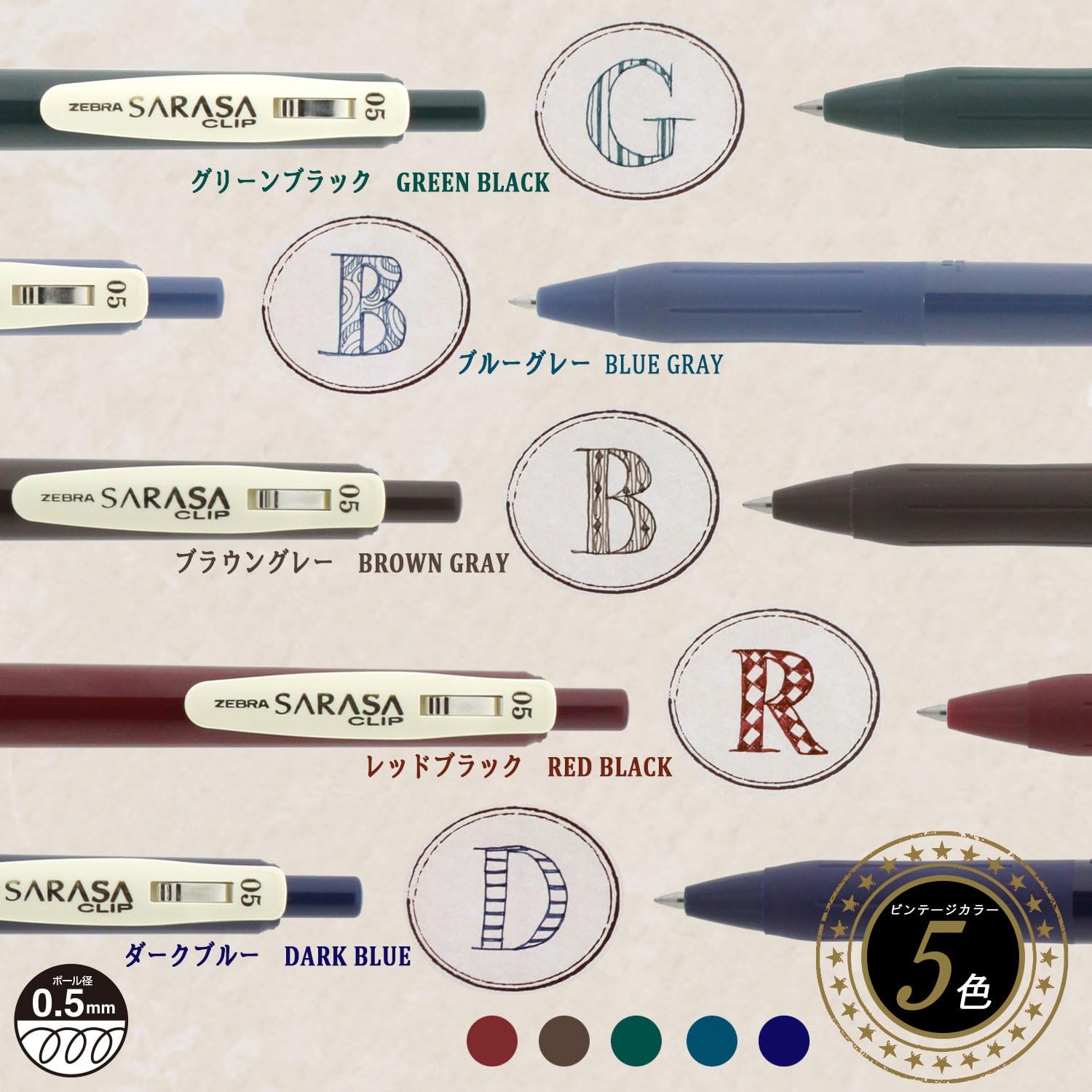 ZEBRA Sarasa Clip Gel Ink Ballpoint Pen 0.5mm,Vintage 5 Colors