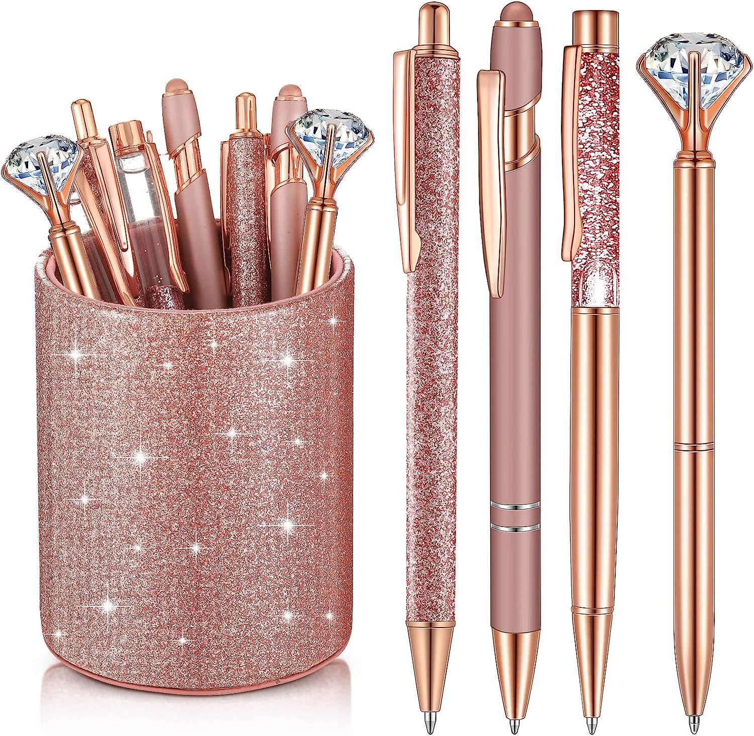 8Pcs Crystal Glitter Ballpoint Pens with Pen Holder for Desk Organizer