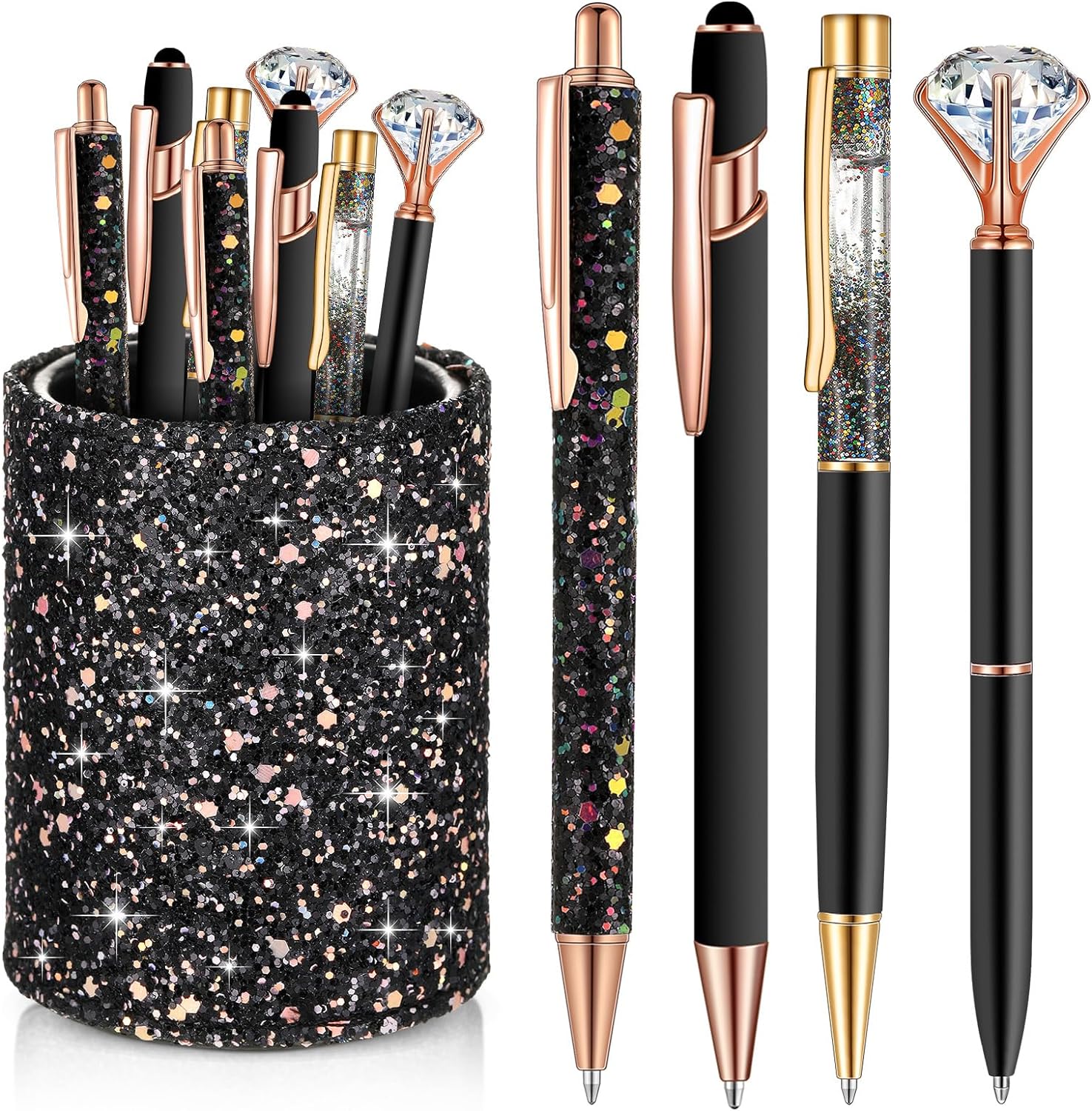 8Pcs Crystal Glitter Ballpoint Pens with Pen Holder for Desk Organizer