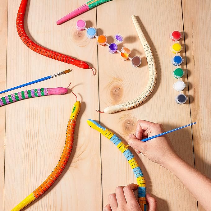 10pcs Unfinished Wooden Snake with 12Color Acrylic Paint,2 Brushes