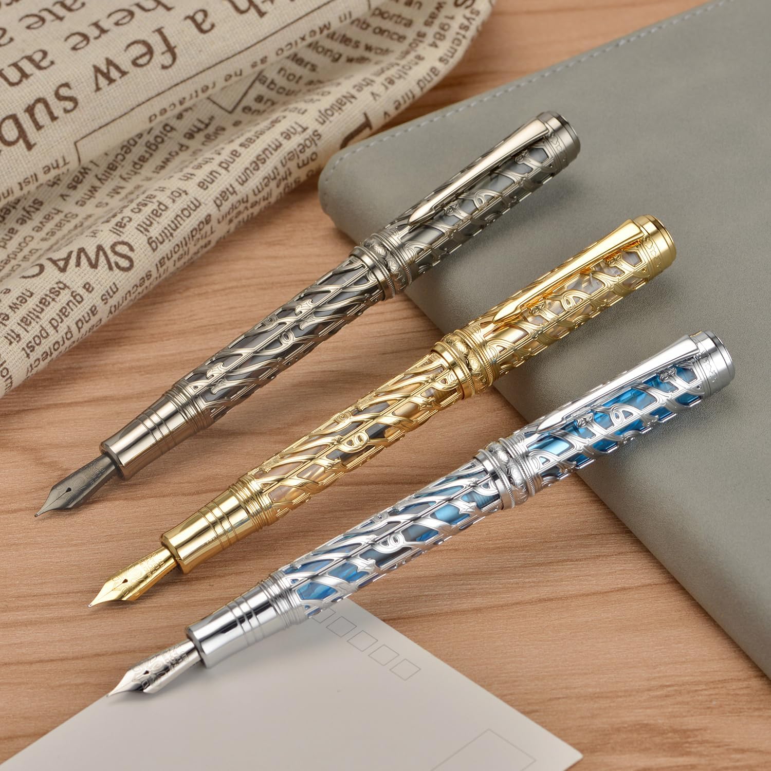 Hongdian A6 Piston Fountain Pen Fine Soft Nib,Hollow Skeleton & Resin Pen