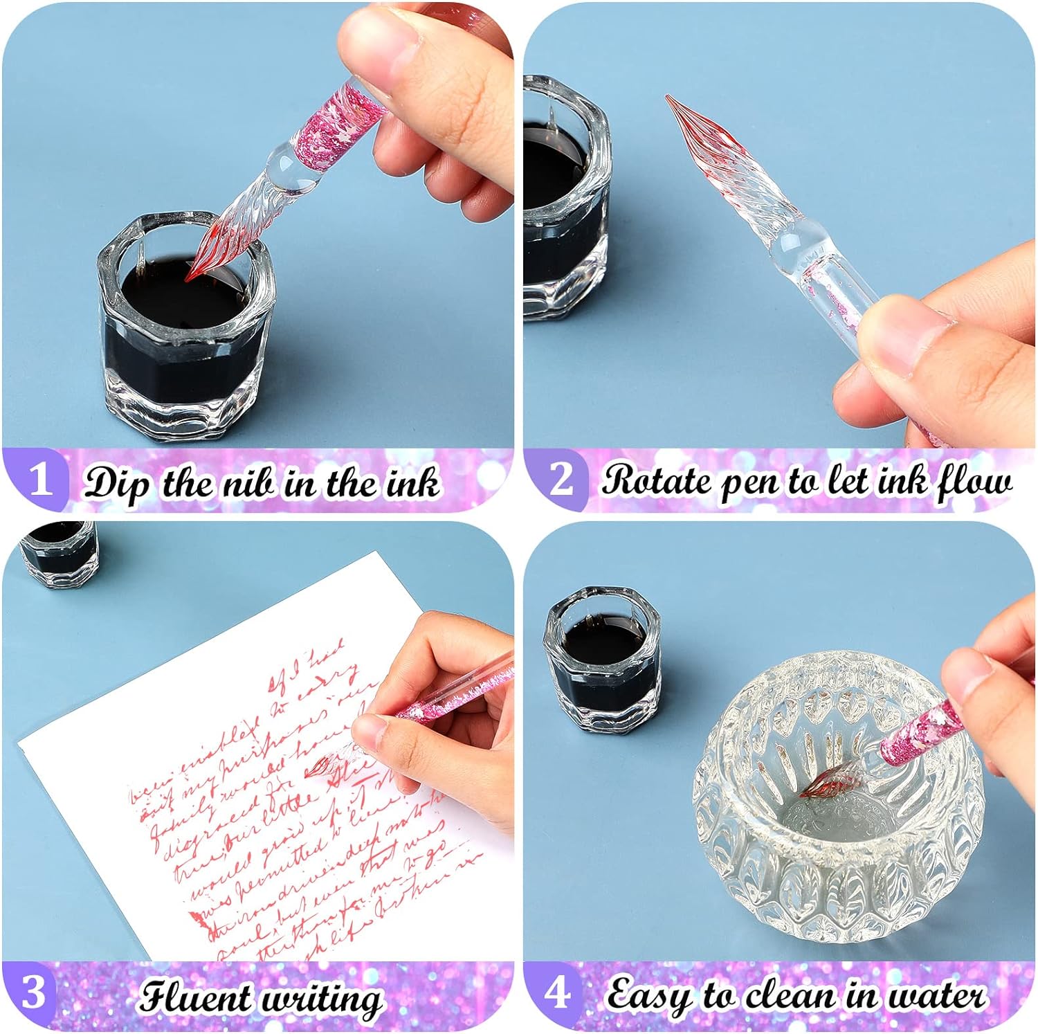 4pcs Glass Pen Calligraphy Dip Pen Glitter Style