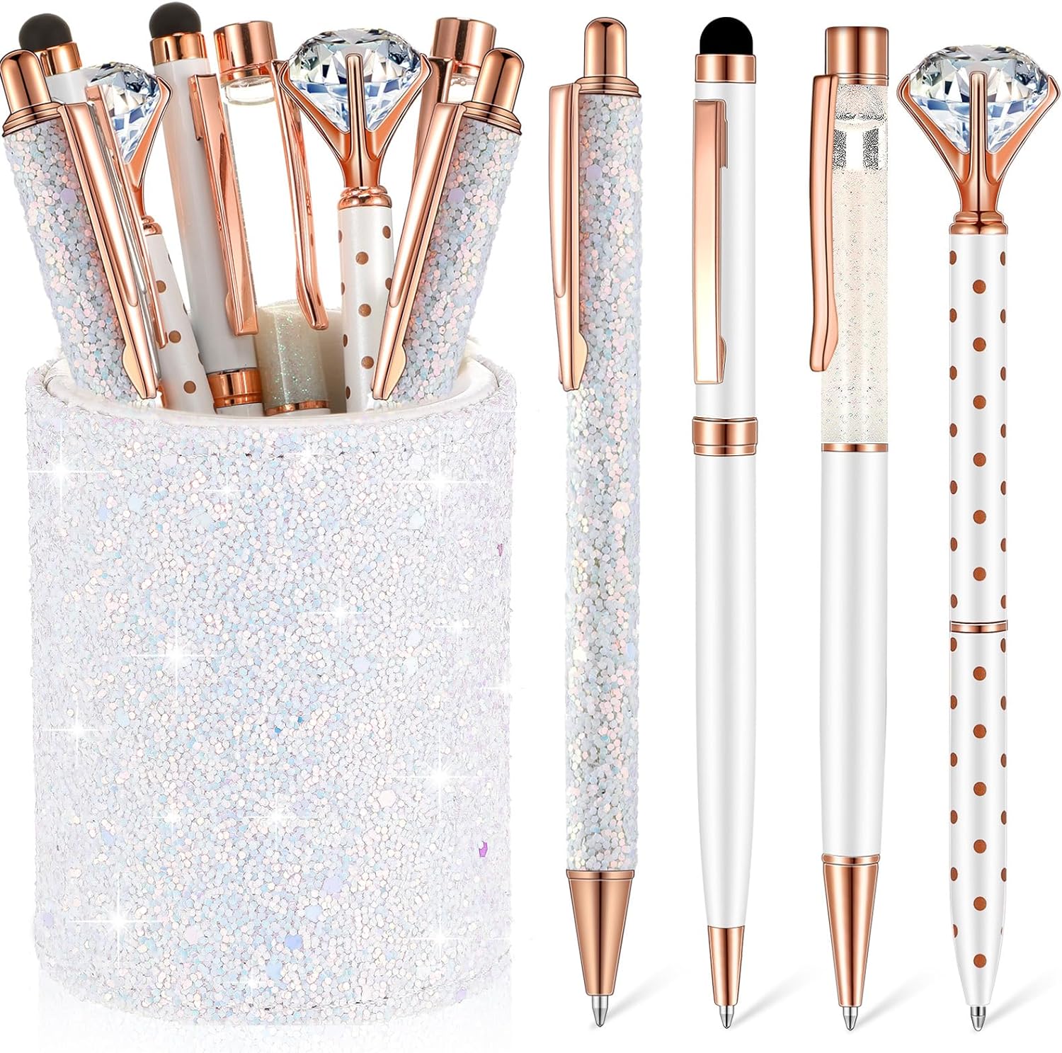 8Pcs Crystal Glitter Ballpoint Pens with Pen Holder for Desk Organizer