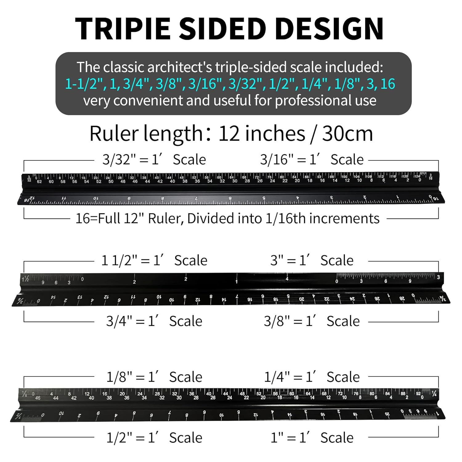 12" Architectural Scale Ruler Triangular Aluminum Black