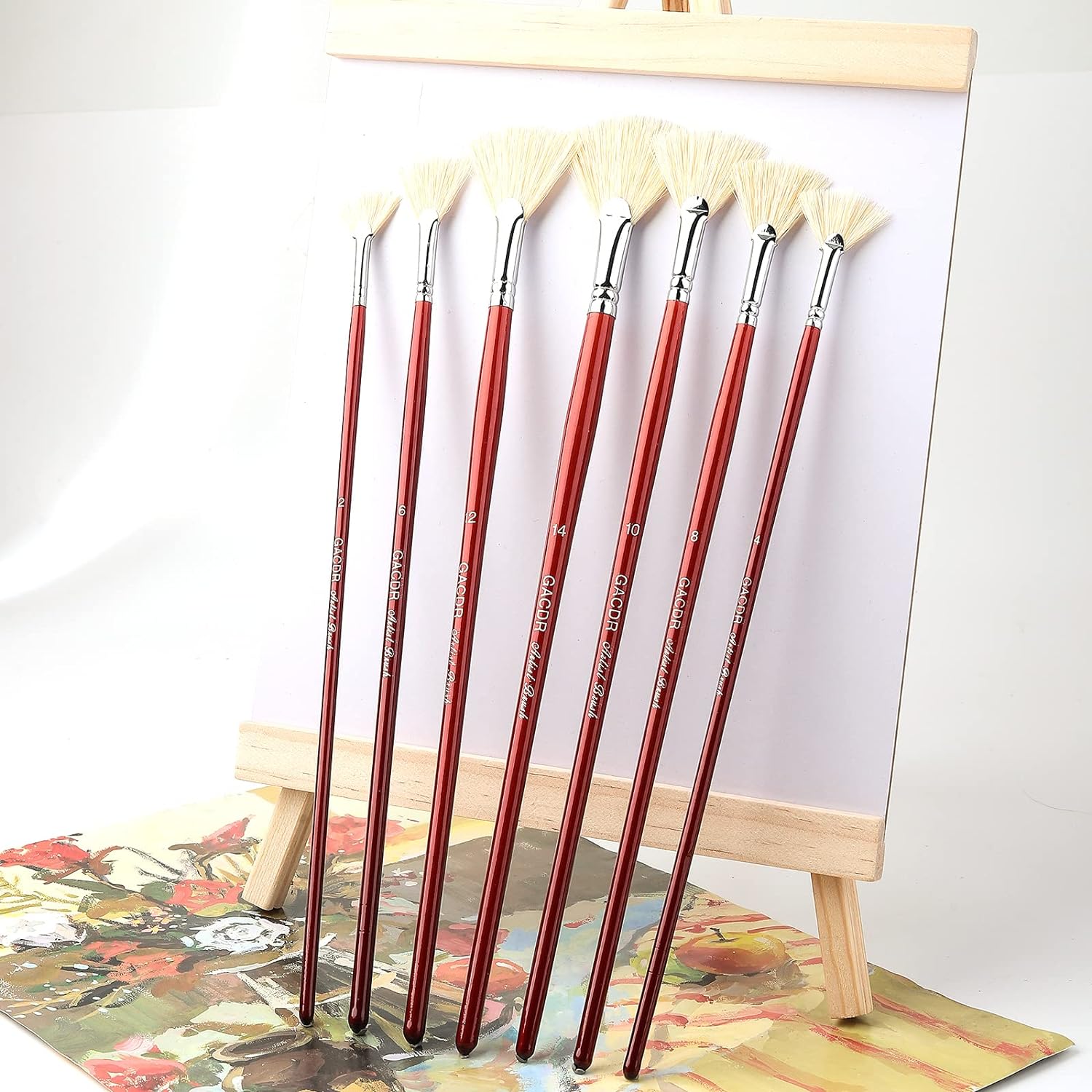 7Pcs Fan Artist Brushes with Hog Bristle Natural Hair Long Wood Handle