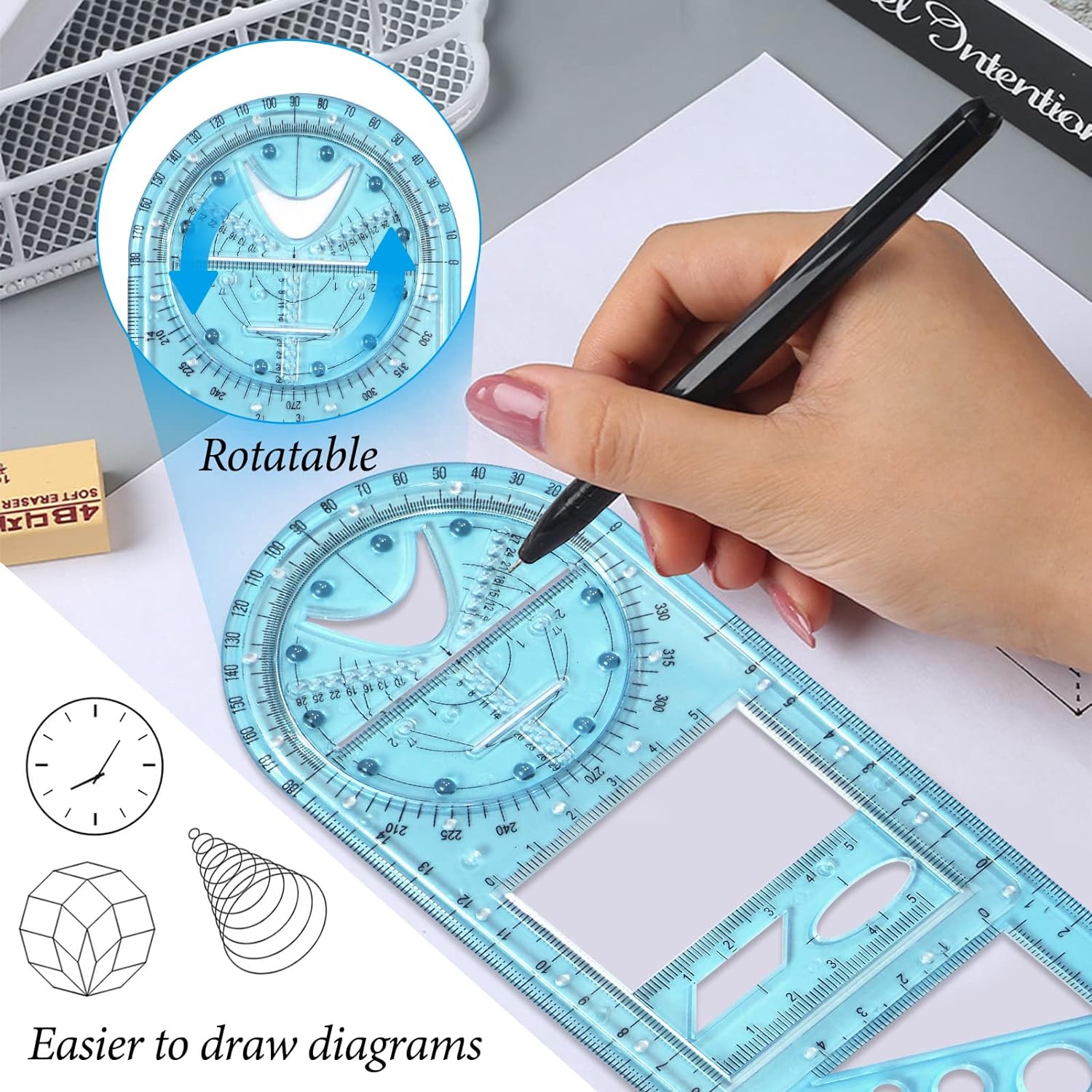 2PCS Multifunctional Geometric Ruler,Drawing Template Measuring Tool