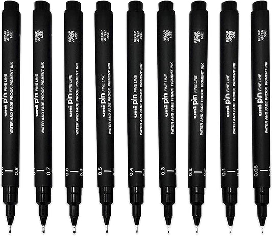 Uni Pin Fineliner Drawing Pen - 9 Grades - Black Ink