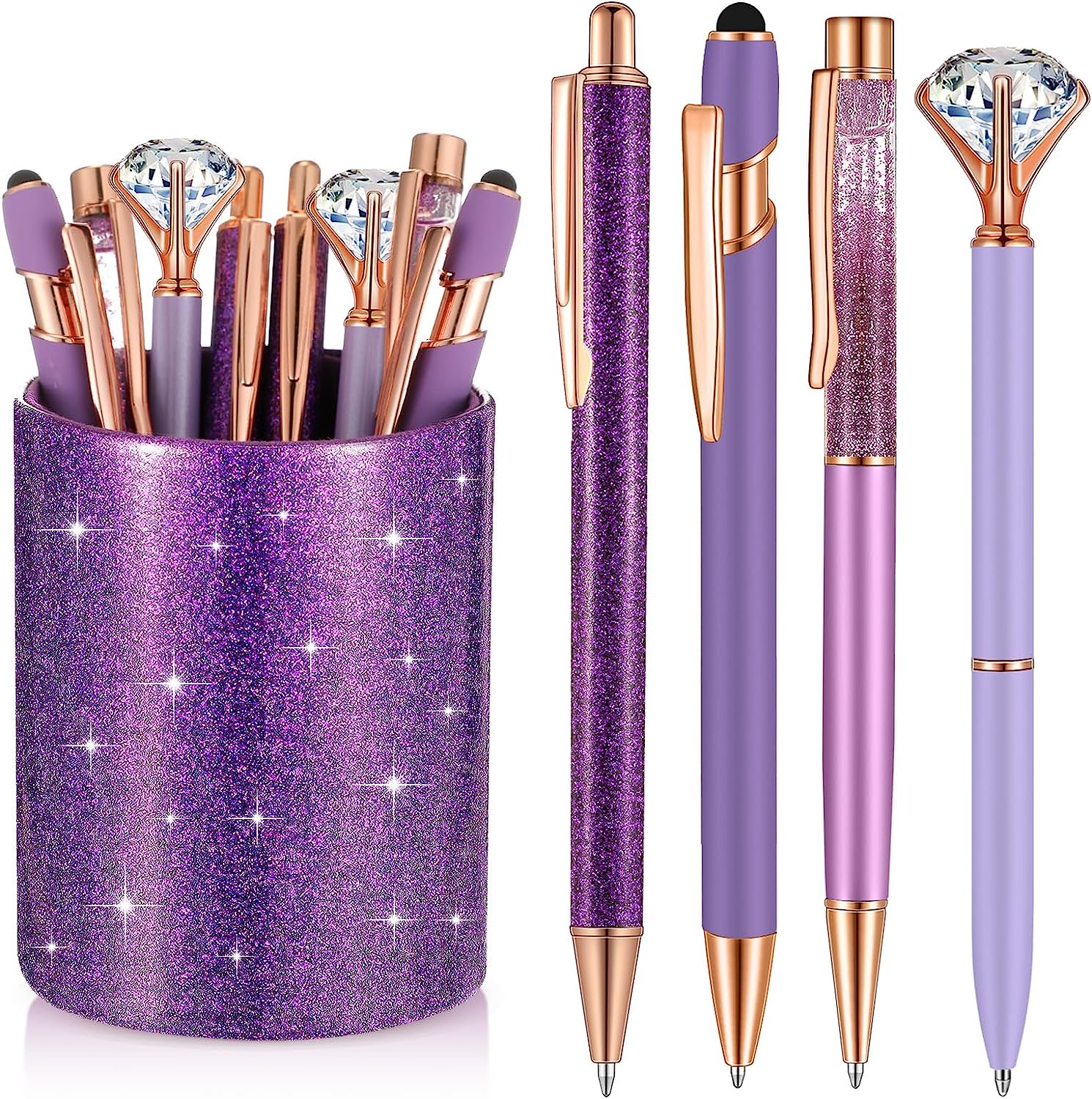 8Pcs Crystal Glitter Ballpoint Pens with Pen Holder for Desk Organizer